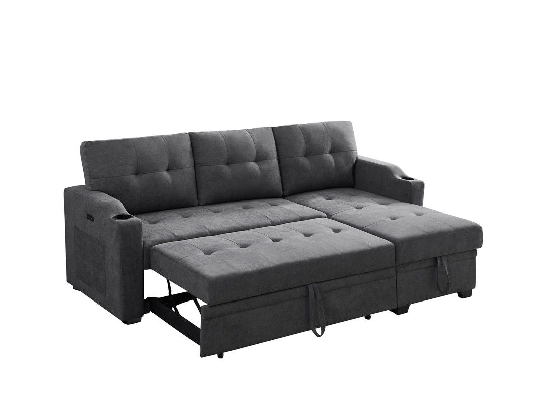 Mabel - Woven Fabric Sleeper Sectional With Cupholder, USB Charging Port nd Pocket - Dark Gray by Lilola Home | Bel Furniture