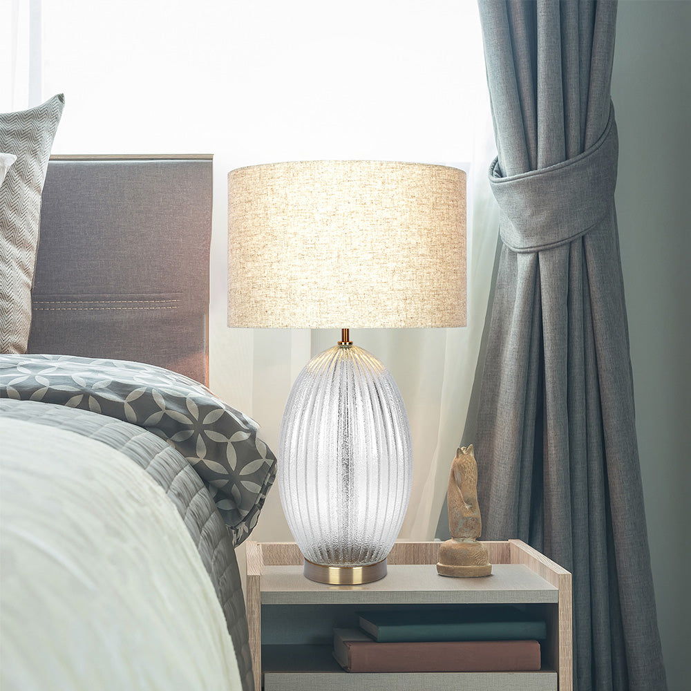 Aurora - Ribbed Lamp Base Clear Table Lamp Large Linen Shade - Beige / Clear / Gold by Ashcroft Furniture | Bel Furniture