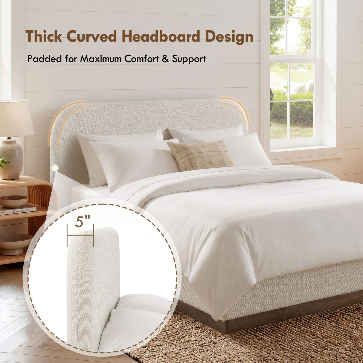 Linton - Queen Size Upholstered Platform Bed - Cream White / Light Grey / Camel Oak