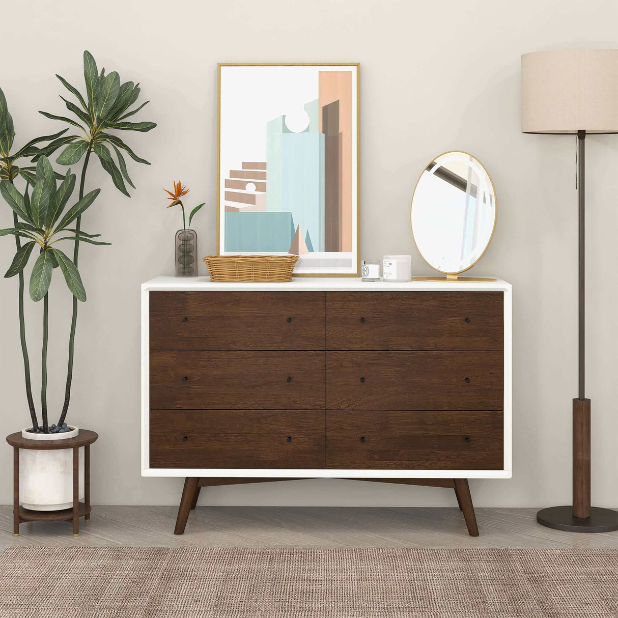 Mid-Century Modern White Dresser 6 Drawer - Dark Brown / White by Ashcroft Furniture | Bel Furniture