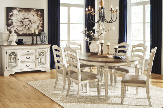 Realyn - Oval Dining Table Set White 7 Pc. - Oval Dining Room Extension Table, 6 Upholstered Ladderback Side Chairs by Signature Design by Ashley® | Bel Furniture