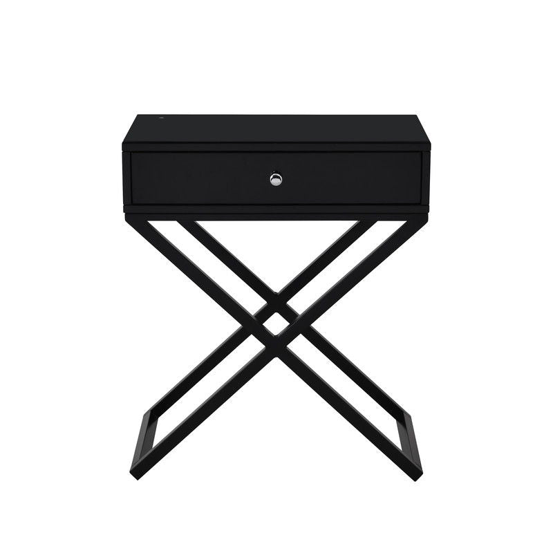 Koda - Wooden End Side Table Nightstand With Glass Top, Drawer And Metal Cross Base by Lilola Home | Bel Furniture