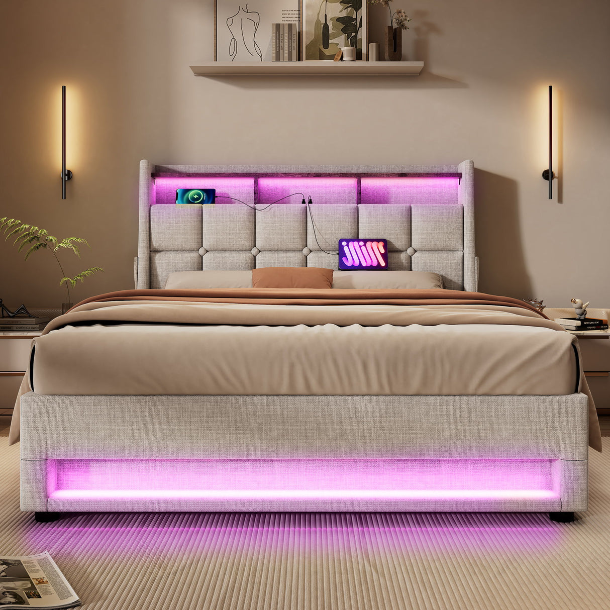 Upholstered Platform Bed With A Hydraulic Storage System, LED And USB Charging (Without Mattress)