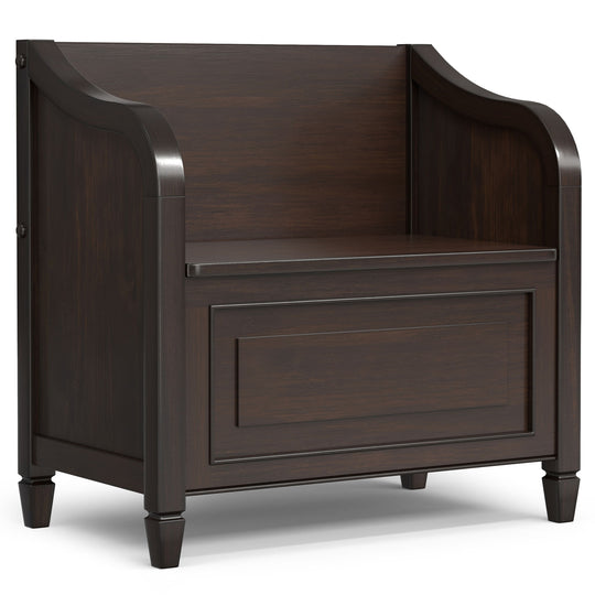 Dark brown wood storage bench with curved arms and panel front drawer, classic design style