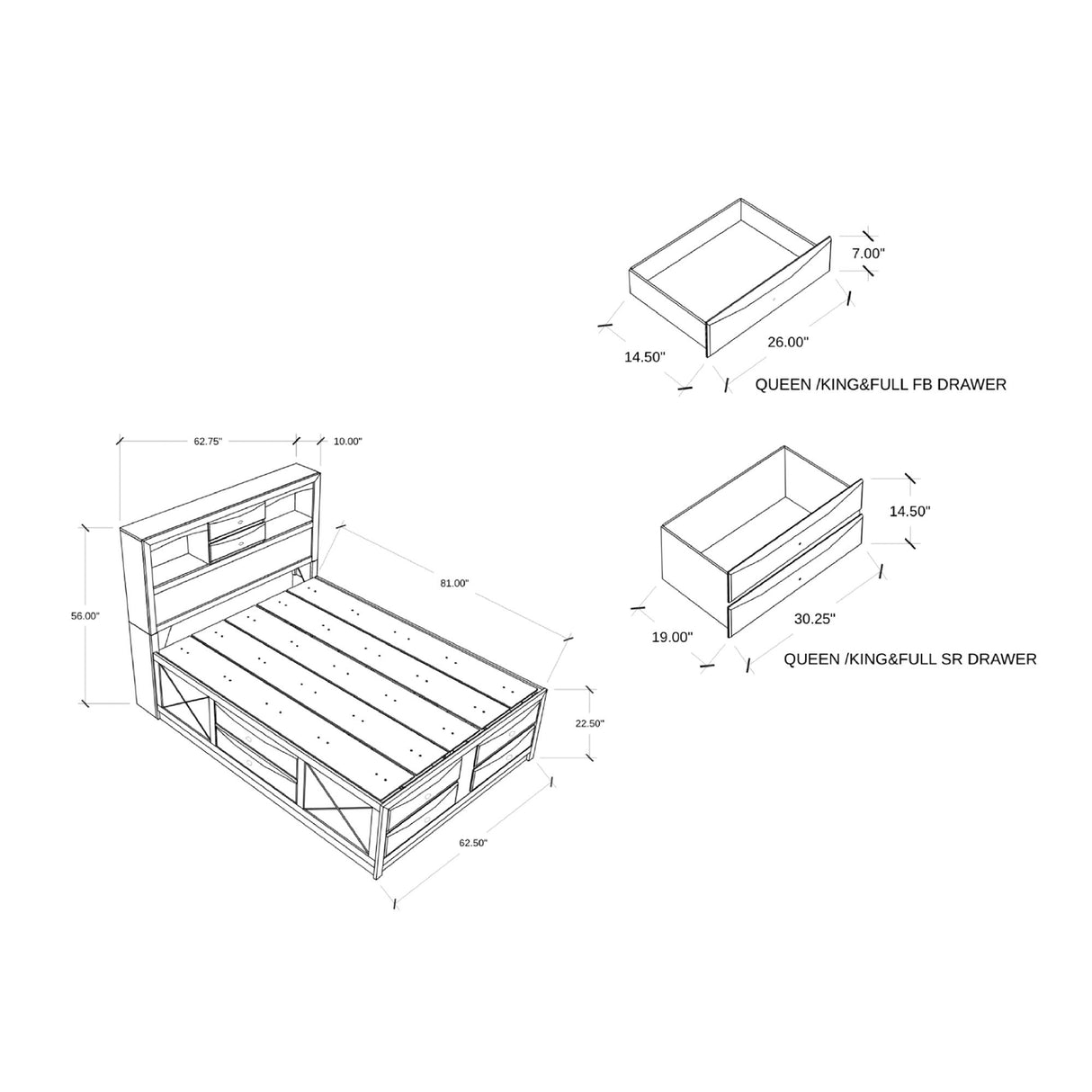 Lucille - 5 Piece Bedroom Set With Storage Drawers And Bookcase Headboard