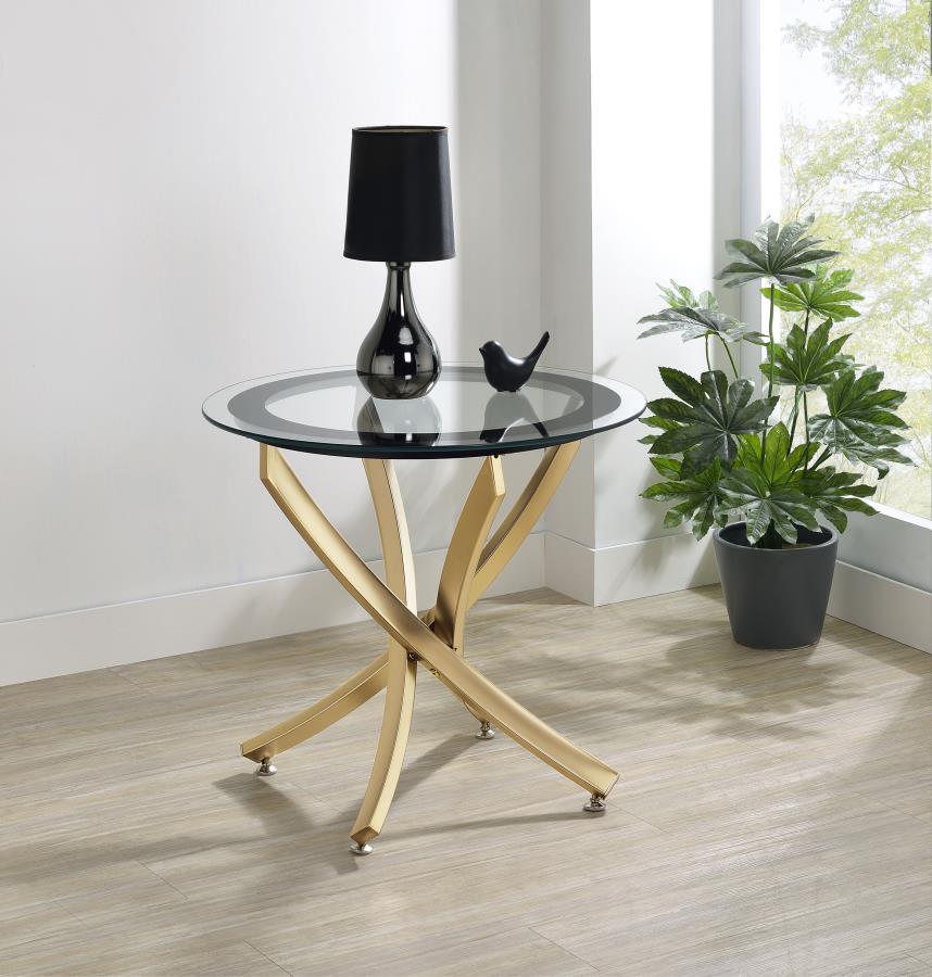 Brooke - Round Glass Top Side End Table Metal Base by CoasterEssence | Bel Furniture