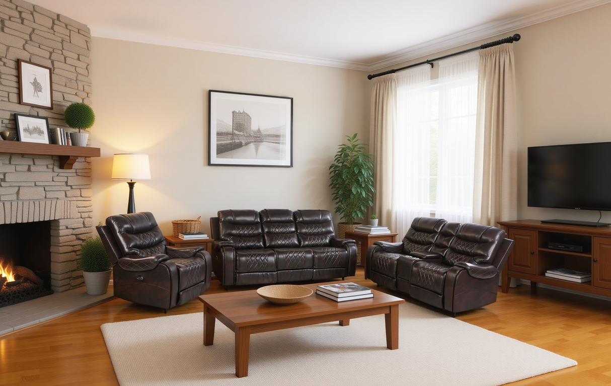 Living room with leather furniture, a coffee table, and decorative elements.