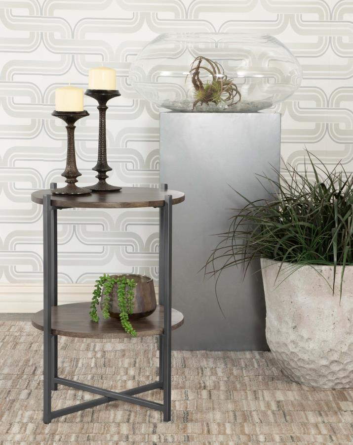 Axel - Round Accent Table With Open Shelf - Natural And Gunmetal by CoasterEssence | Bel Furniture