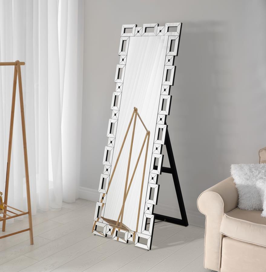 Tavin - Geometric Frame Standing Mirror - Silver by CoasterEssence | Bel Furniture