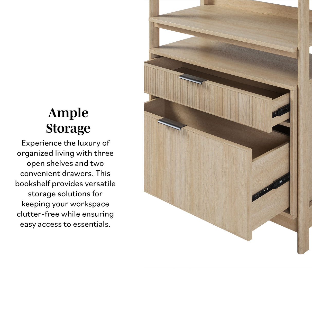 Transitional Wide Reeded Bookshelf With Drawers On Bottom