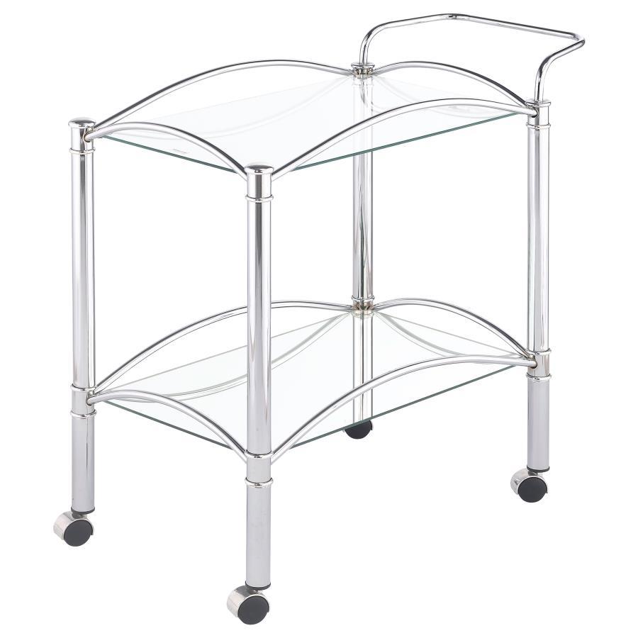 Shadix - 2-Tier Rectangular Glass Shelf Metal Bar Cart - Chrome by CoasterEveryday | Bel Furniture