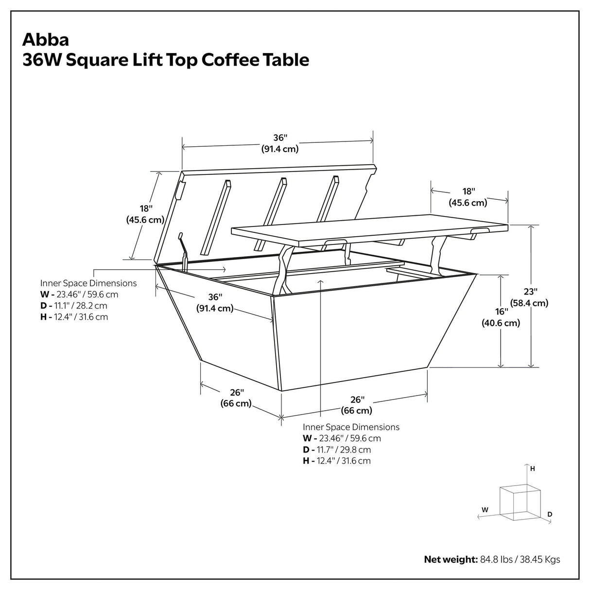 Abba 36W square lift top coffee table with dimensions and specifications diagram - Bel Furniture