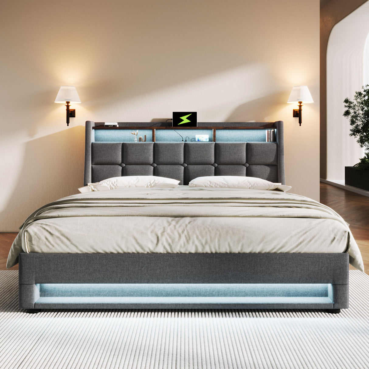 Upholstered Platform Bed With A Hydraulic Storage System, LED And USB Charging (Without Mattress)