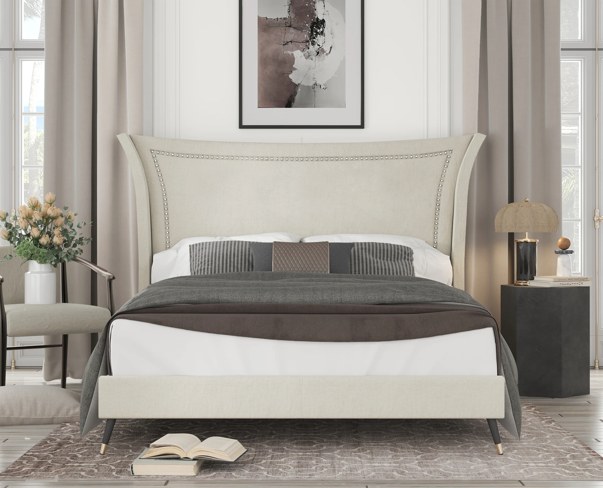 Beige Modern 3 Room Furniture Package with Wingback Queen Bed, 6 Piece Dining Set & 2 Piece Living Room Set