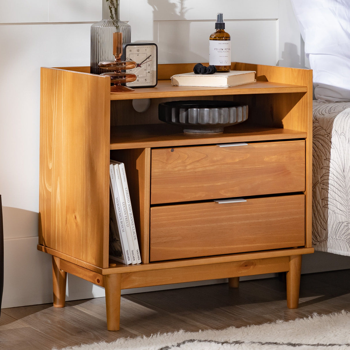 Mid-Century Modern Solid Wood 2 Drawer Gallery Nightstand by Walker Edison | Bel Furniture