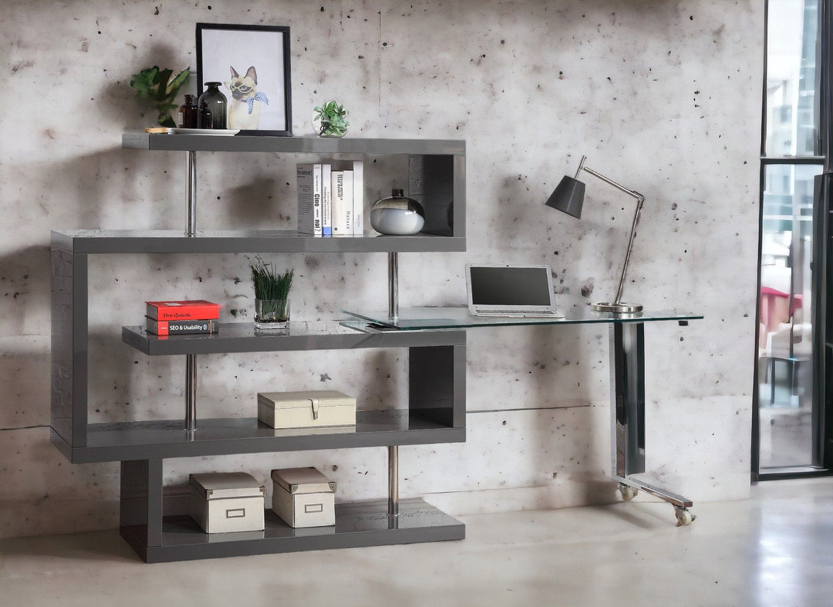 Buck II - Clear Glass, Chrome High Gloss Writing Desk With Shelf by Urban Nest | Bel Furniture