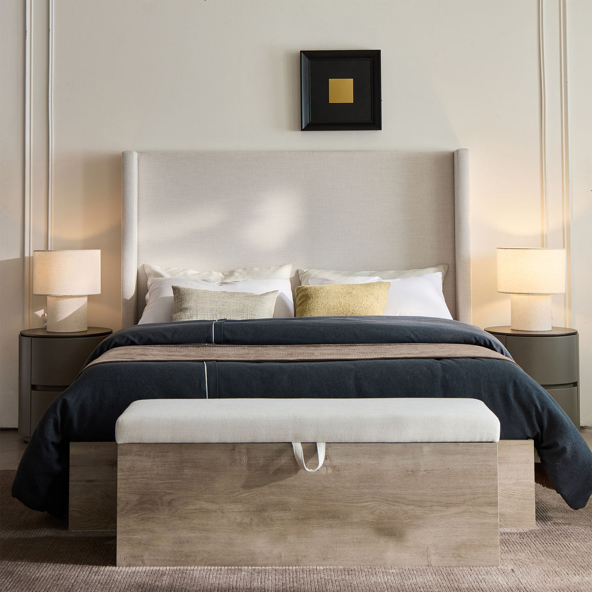 Shelton - Queen Upholstered Wingback Bed With 54" High Headboard - Ivory / Light Gray / Camel Oak