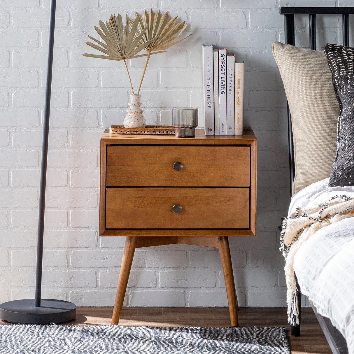 Mid Century Modern Double Drawer Nightstand - Caramel by Walker Edison | Bel Furniture
