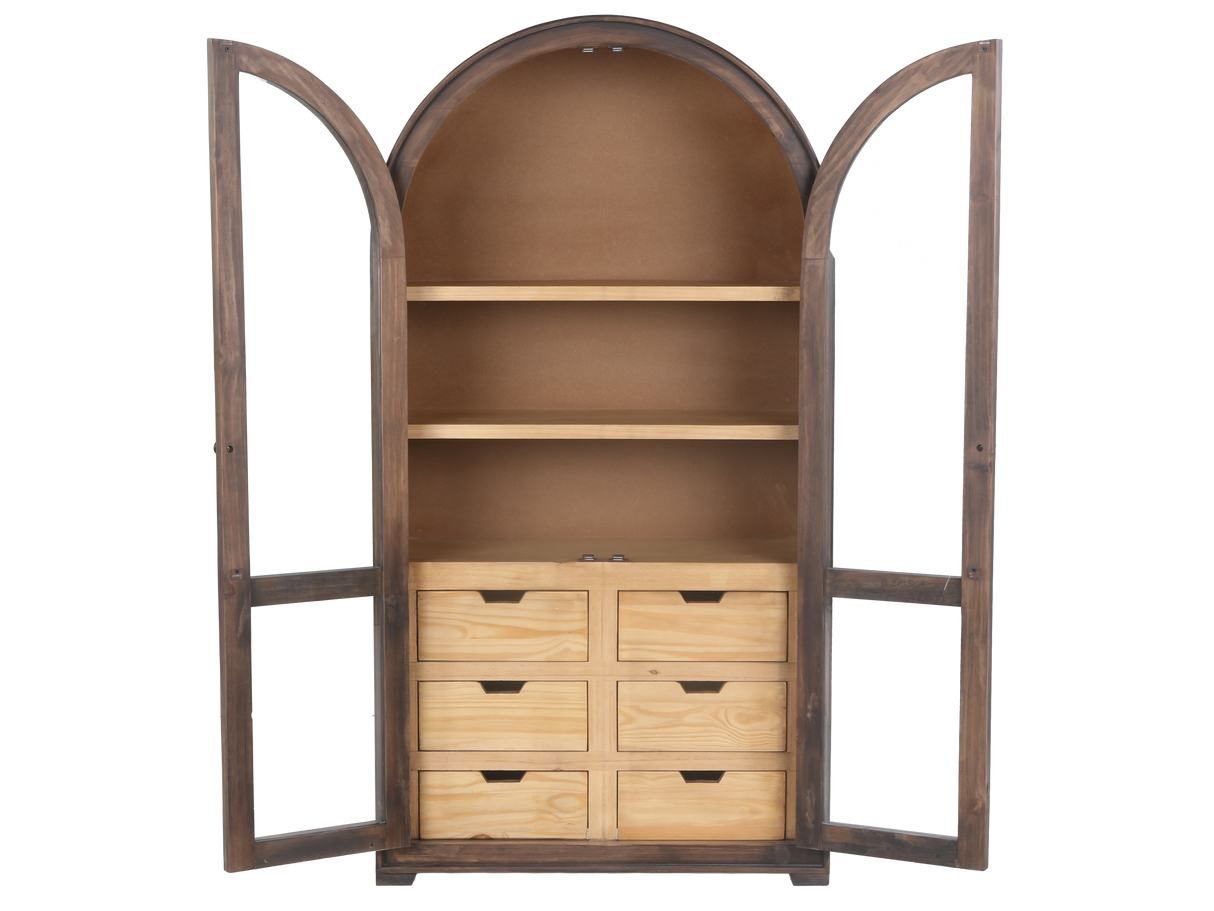 Rustic Brown Arched Glass Door Curio Cabinet with 6 Drawers