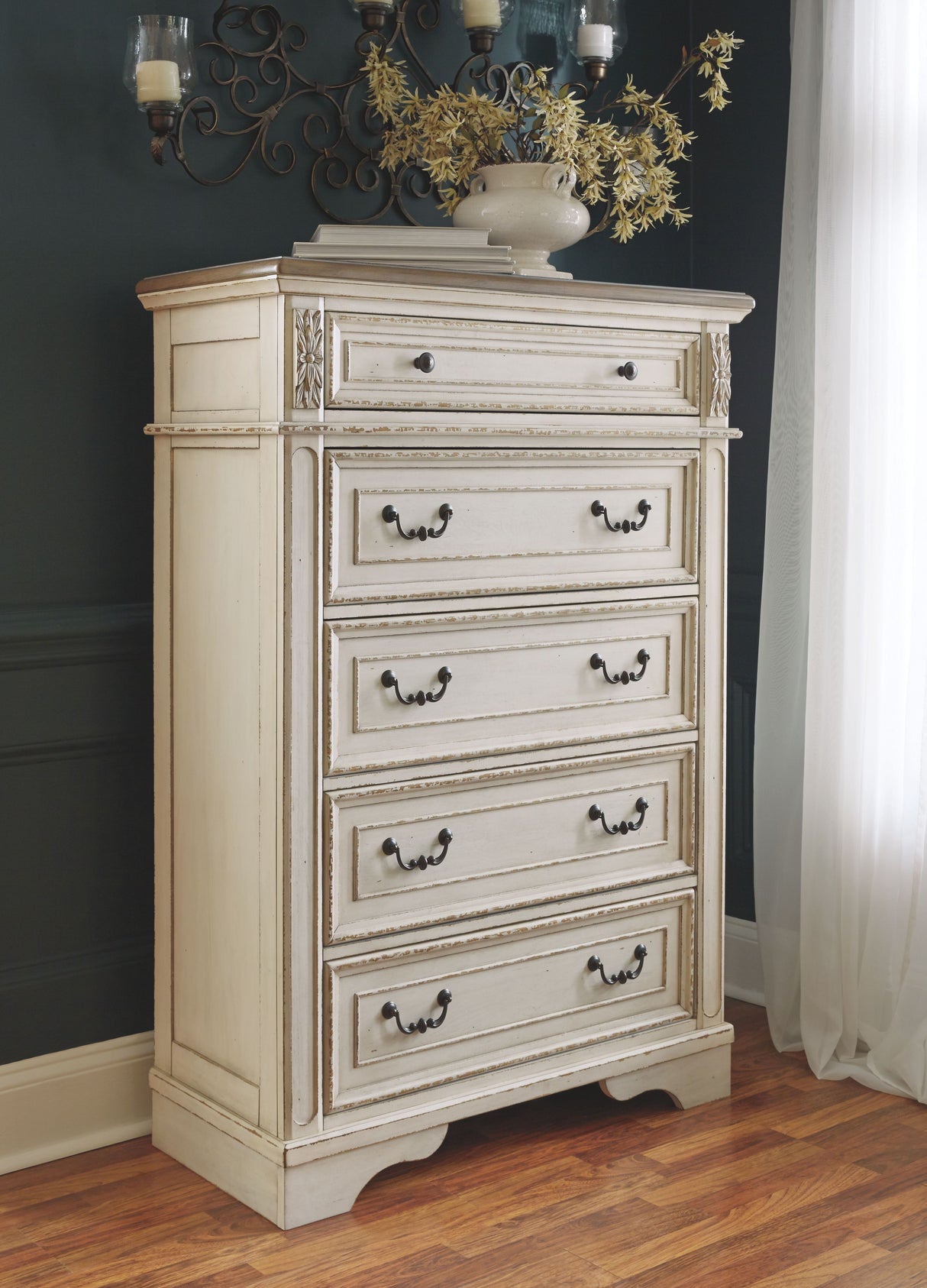 Realyn - White / Brown / Beige - Five Drawer Chest by Signature Design by Ashley® | Bel Furniture