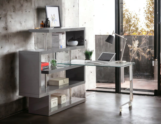 Buck II - Clear Glass, Chrome High Gloss Writing Desk With Shelf Gray by Urban Nest | Bel Furniture