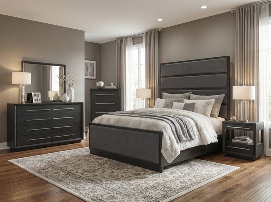 Modern bedroom with dark wood furniture, including a bed, dressers, and nightstands.