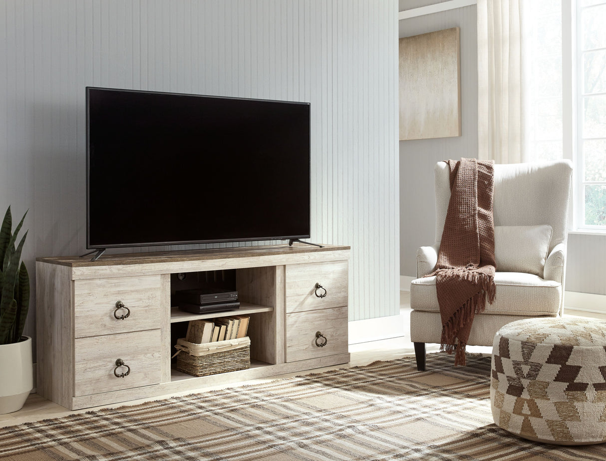Willowton - Whitewash - 2 Pc. - TV Stand with Faux Firebrick Fireplace Insert by Signature Design by Ashley® | Bel Furniture