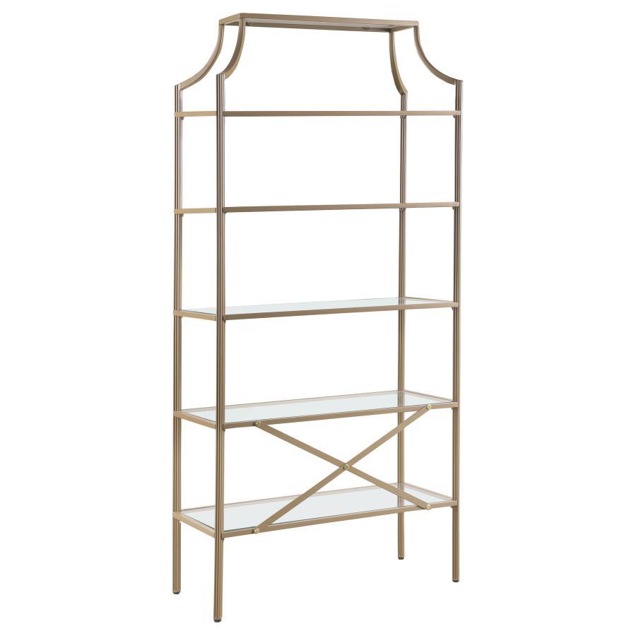 Serena - 5-Shelf Glass Bookshelf - Gold by CoasterEssence | Bel Furniture