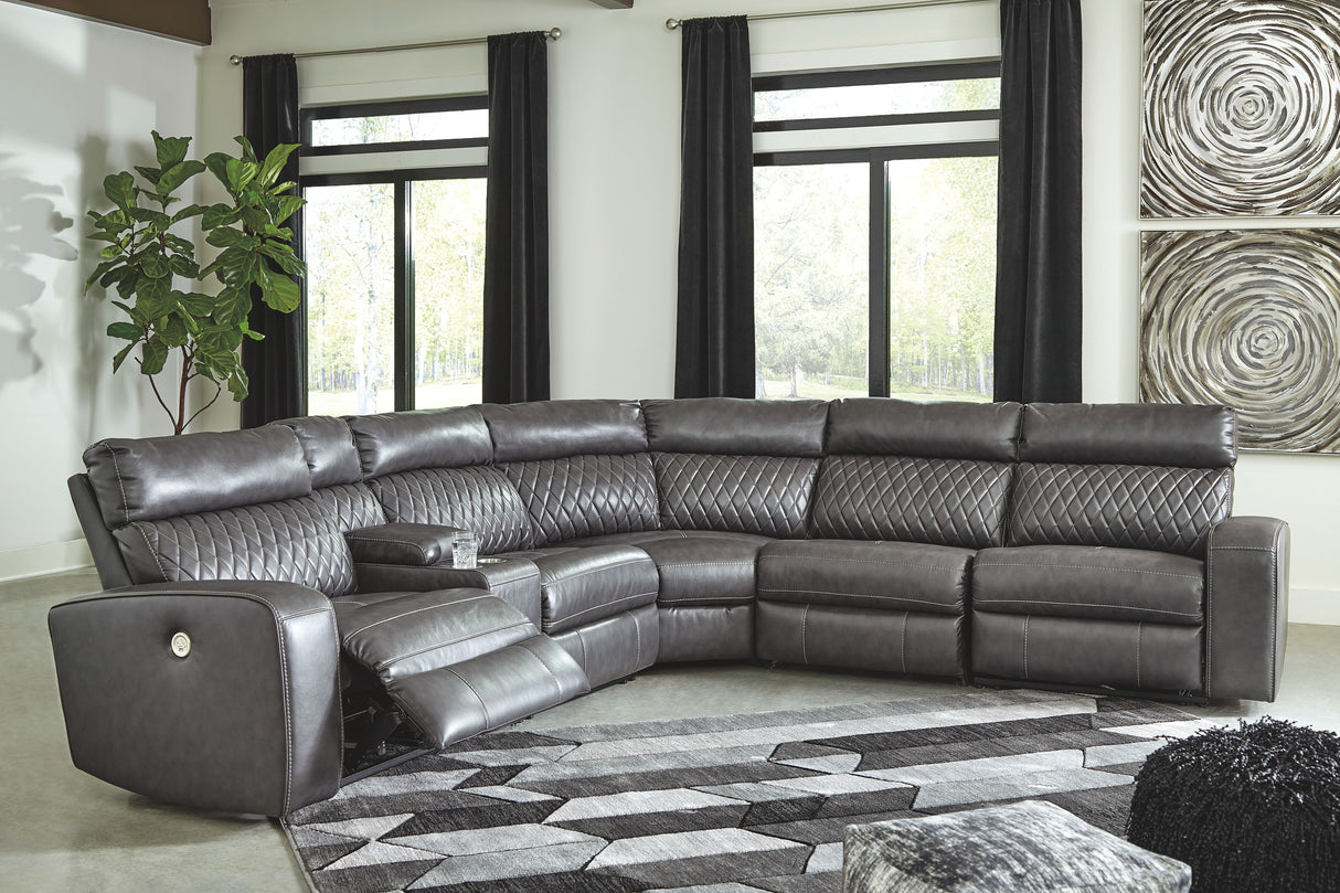 Samperstone - Power Reclining Sectional Gray 6-Piece Power Reclining Sectional by Signature Design by Ashley® | Bel Furniture