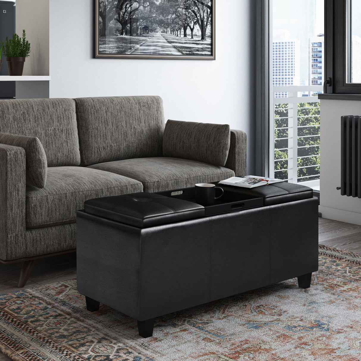 Avalon - Tray Storage Ottoman With Lift Up Lids - Midnight Black by Simpli-Home | Bel Furniture