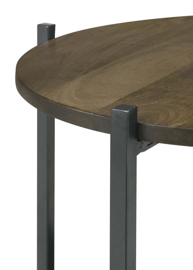 Axel - Round Accent Table With Open Shelf - Natural And Gunmetal by CoasterEssence | Bel Furniture