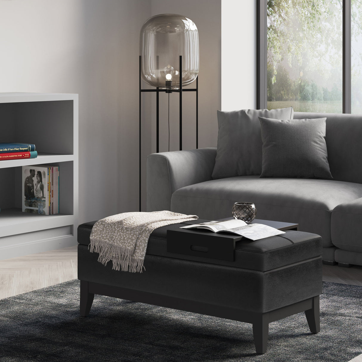 Oregon - Storage Ottoman Bench With Tray - Distressed Black by Simpli-Home | Bel Furniture