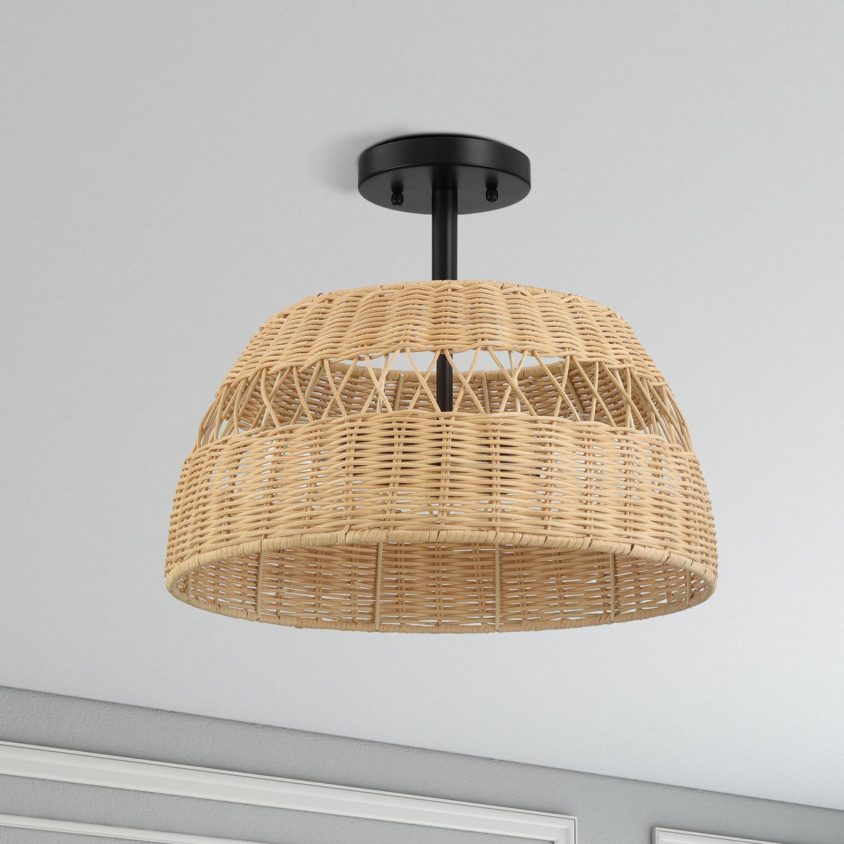 Twinkle - Double Lights Semi Flush With Shade - Black / Rattan by Ashcroft Furniture | Bel Furniture