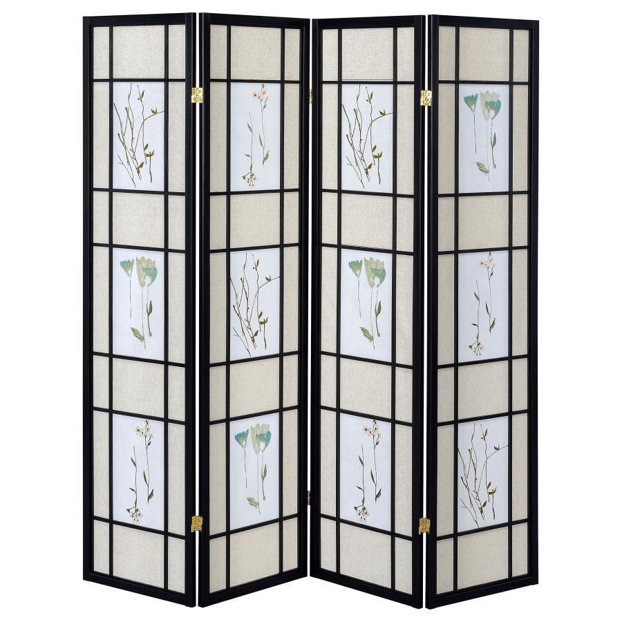 Catabella - 4-Panel Room Divider Folding Shoji Screen Floral - Black by CoasterEveryday | Bel Furniture