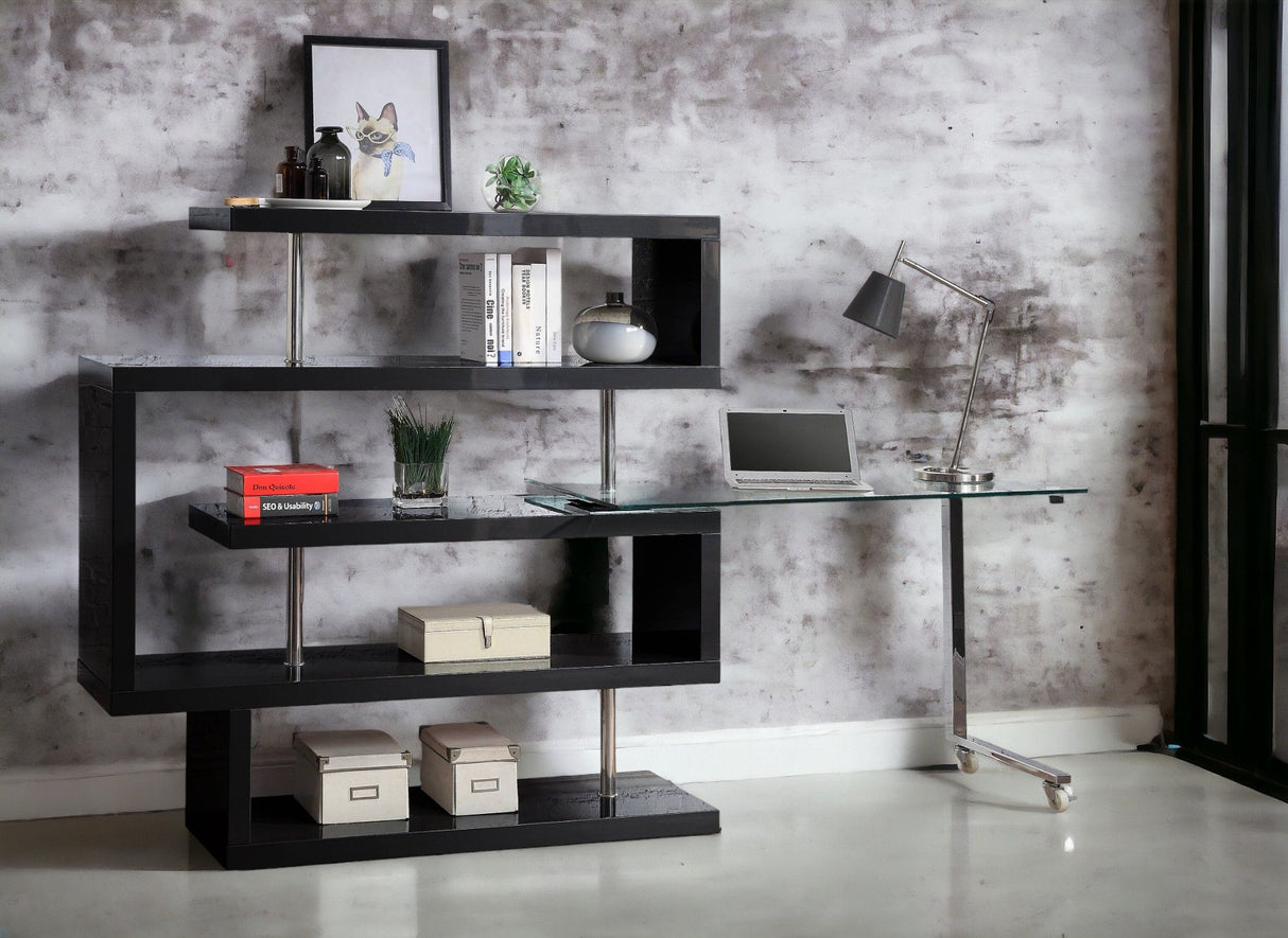 Buck II - Clear Glass, Chrome High Gloss Writing Desk With Shelf Black by Urban Nest | Bel Furniture