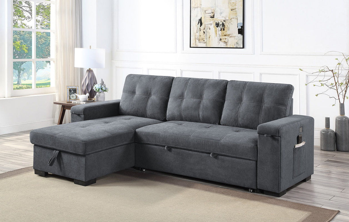 Toby - Woven Fabric Reversible Sleeper Sectional Sofa With Storage Chaise Cup Holder Charging Ports And Pockets by Lilola Home | Bel Furniture