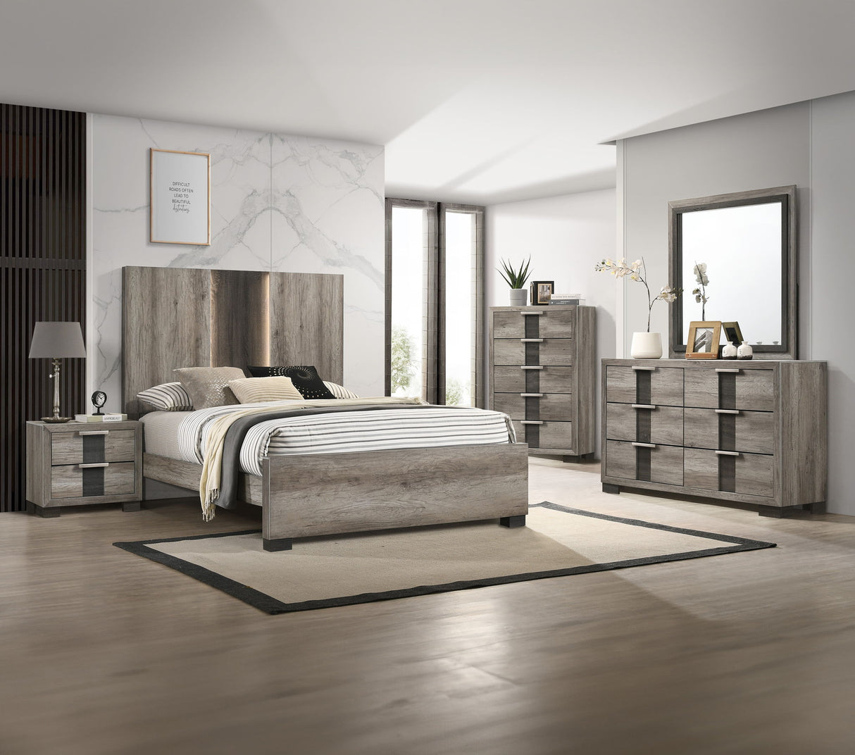 Rangley - Bedroom Set Dark Gray 5 Pc. Bed, Dresser, Mirror, Chest, Nightstand by Crown Mark | Bel Furniture