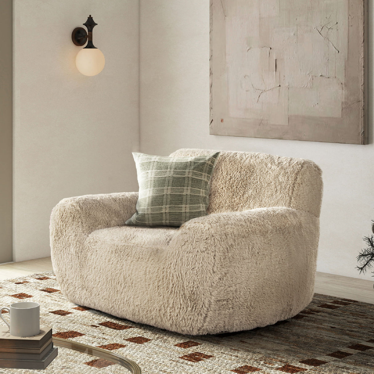 Summit - Faux Sheepskin Overstuffed Arm Chair - Cream Beige by Jennifer Taylor Home | Bel Furniture