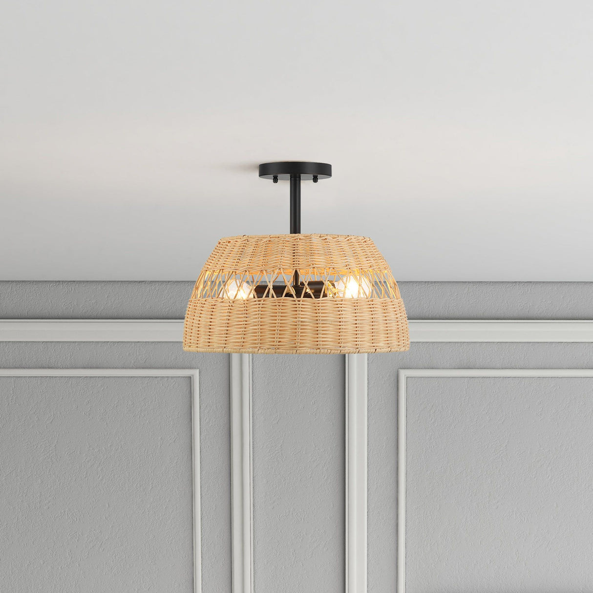 Twinkle - Double Lights Semi Flush With Shade - Black / Rattan by Ashcroft Furniture | Bel Furniture