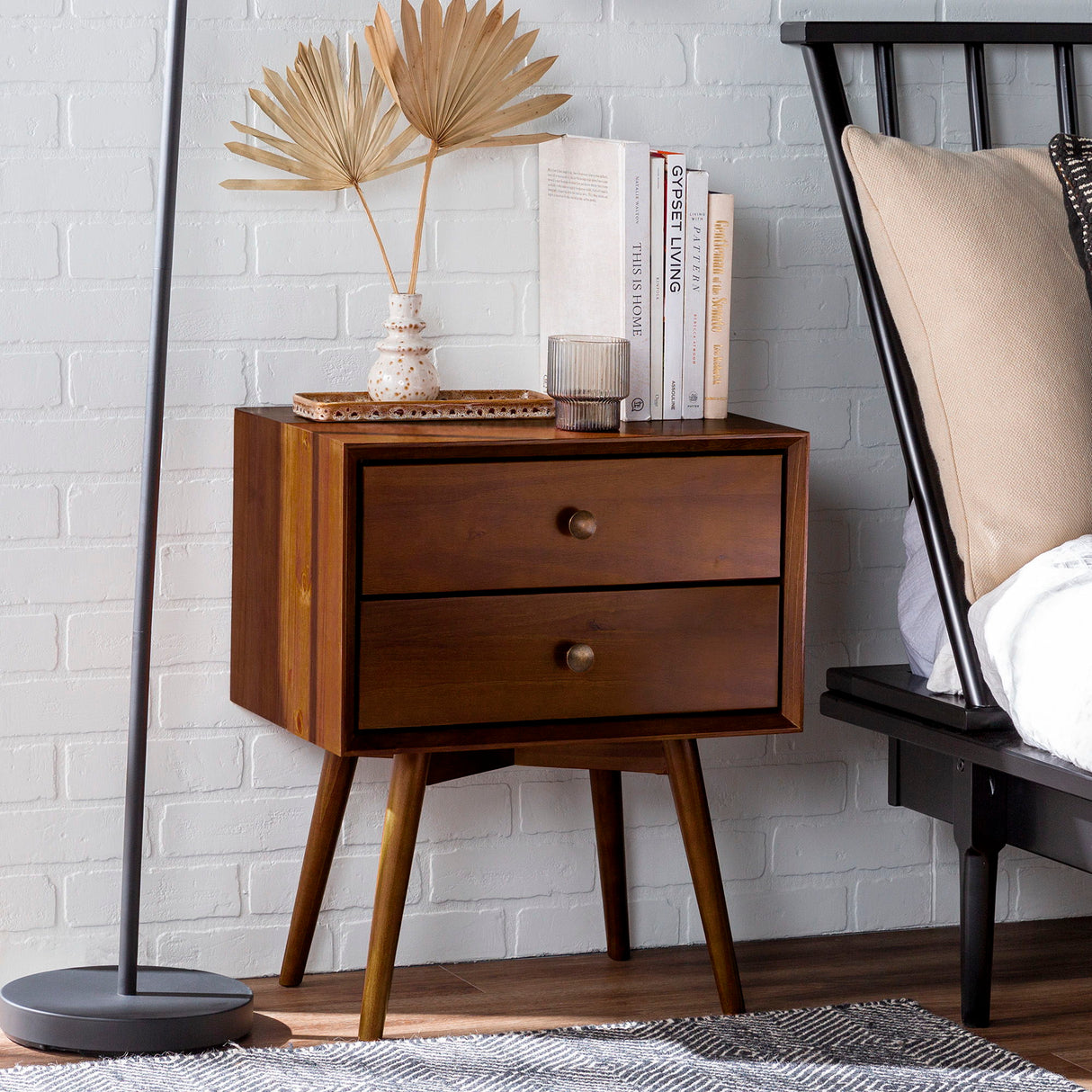 Mid-Century Modern Double Drawer Nightstand - Walnut by Walker Edison | Bel Furniture