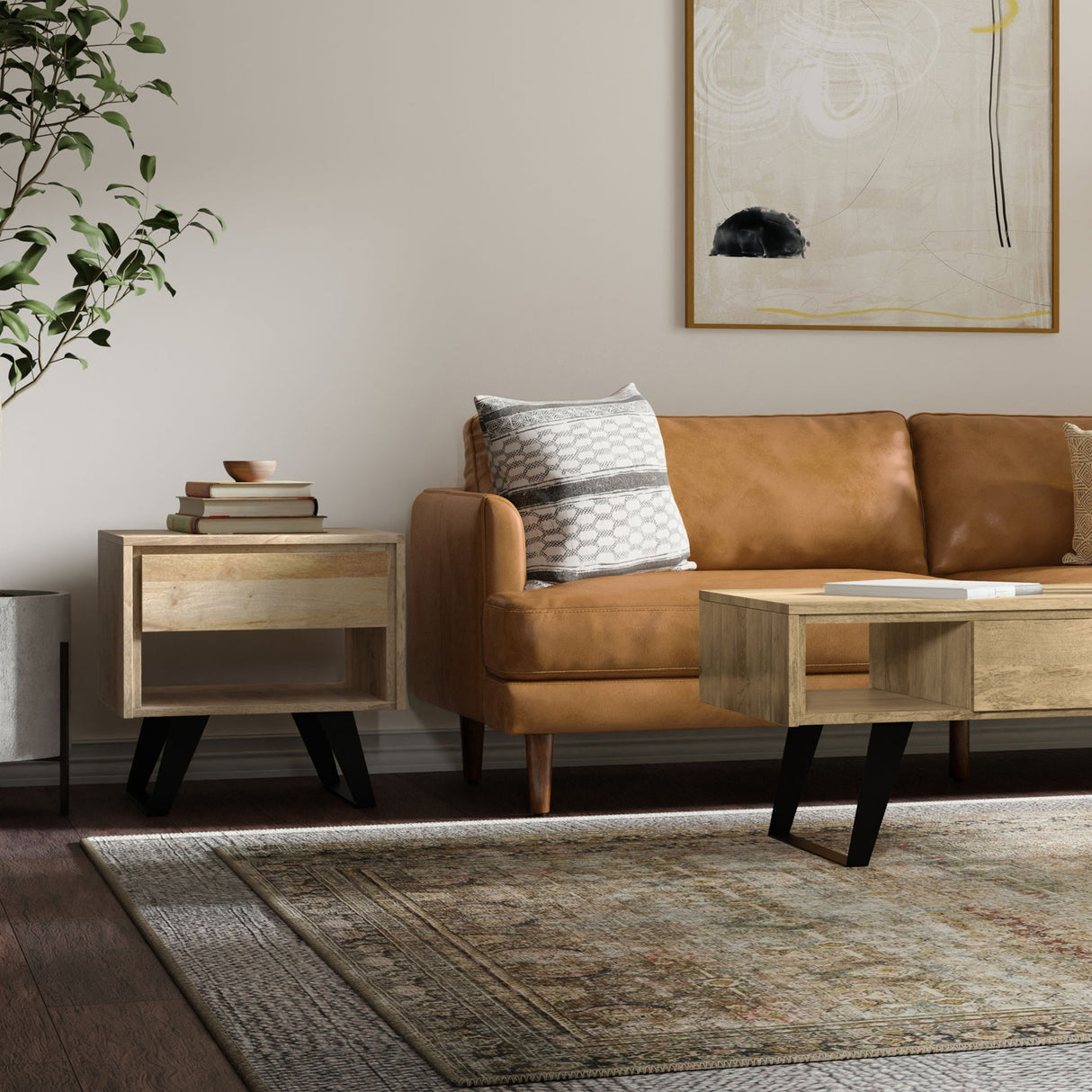 Lowry handcrafted end table in natural wood with black legs, styled in modern living room setting - Bel Furniture