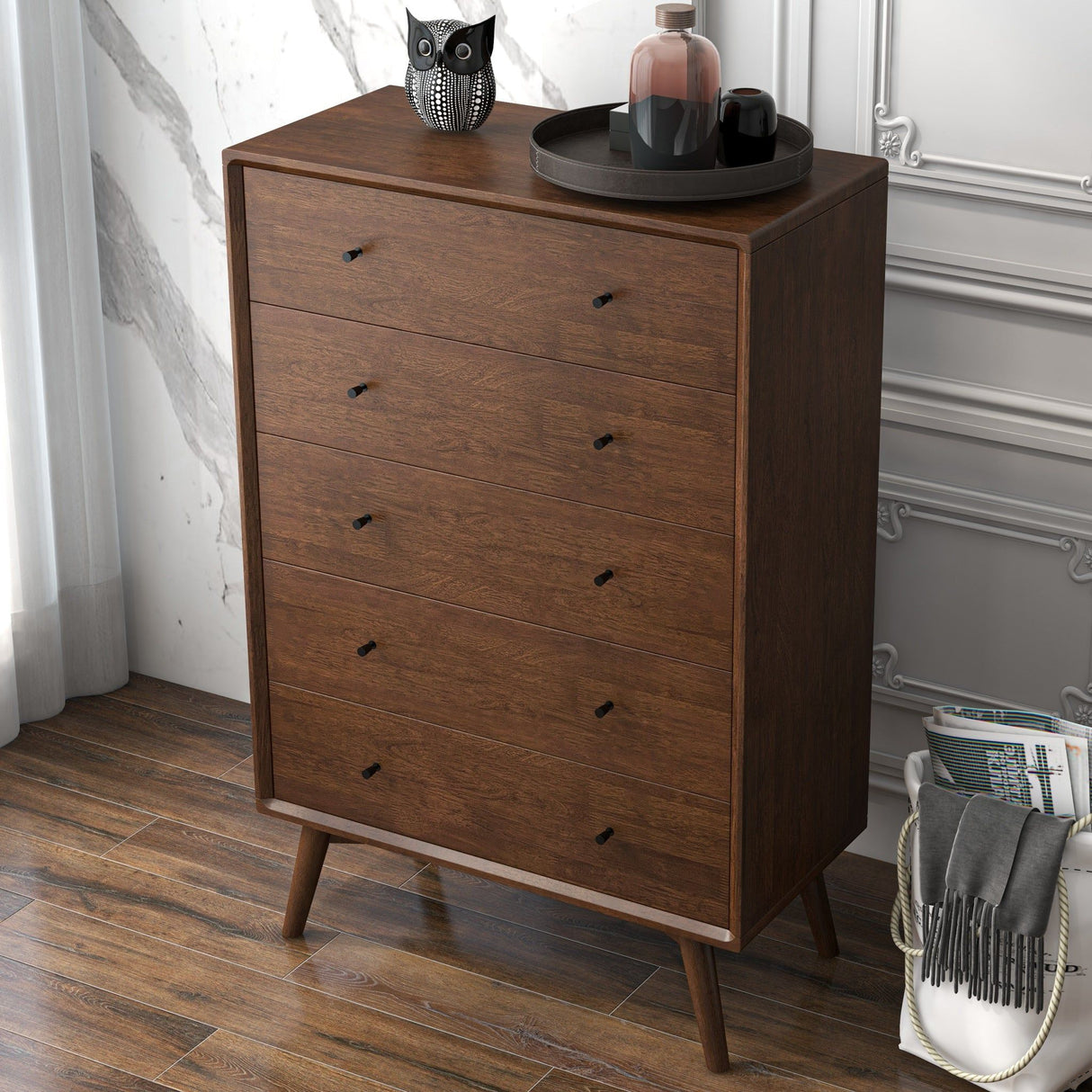 Caroline - Mid-Century Modern Dresser 5 Drawer - Dark Brown