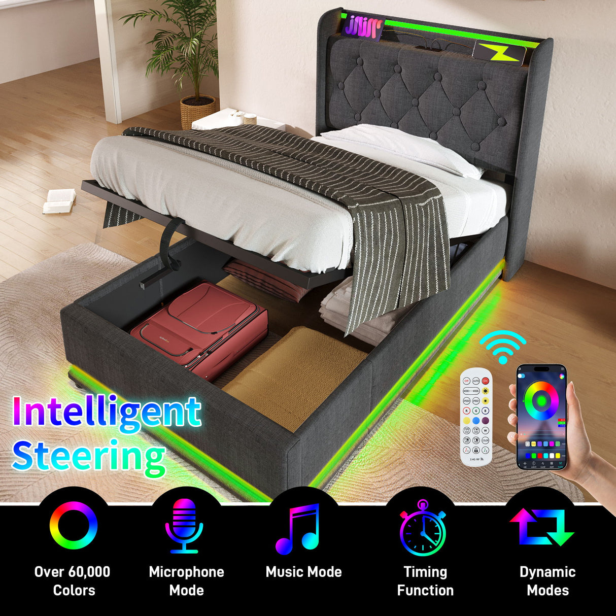 Upholstered Bed, 360 Surround LED Function, Remote Control, Hydraulic Storage Bed With USB, Type-C Charging (Without Mattress)