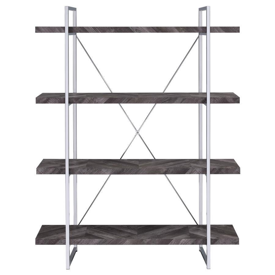 Grimma - 4-Shelf Bookshelf - Rustic Gray And Chrome by CoasterEssence | Bel Furniture