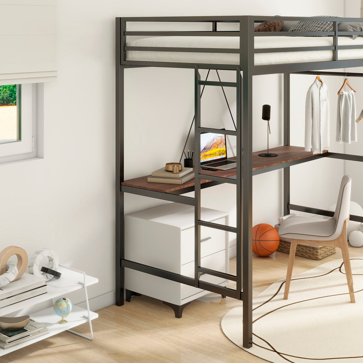 Adam - Twin Loft Bunk Bed With Cinnamon Wood Desk And Closet Rod - Black