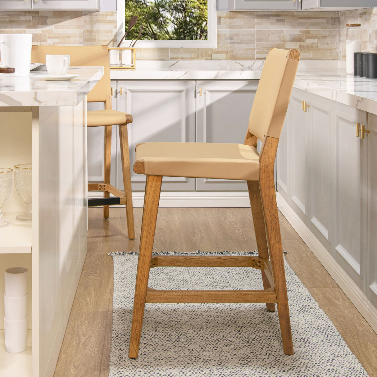 Pierre - Farmhouse Saddle Kitchen Island Counter Stool With Back - Sunkissed Beige Leather / Natural by Jennifer Taylor Home | Bel Furniture