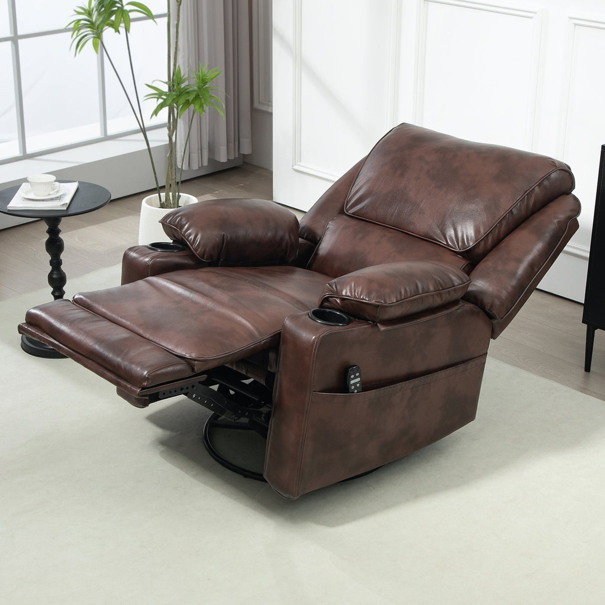 Dark Brown Swivel Rocker Massage Recliner Chair with Cup Holders