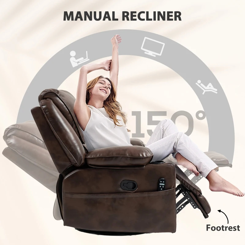 Dark Brown Swivel Rocker Massage Recliner Chair with Cup Holders