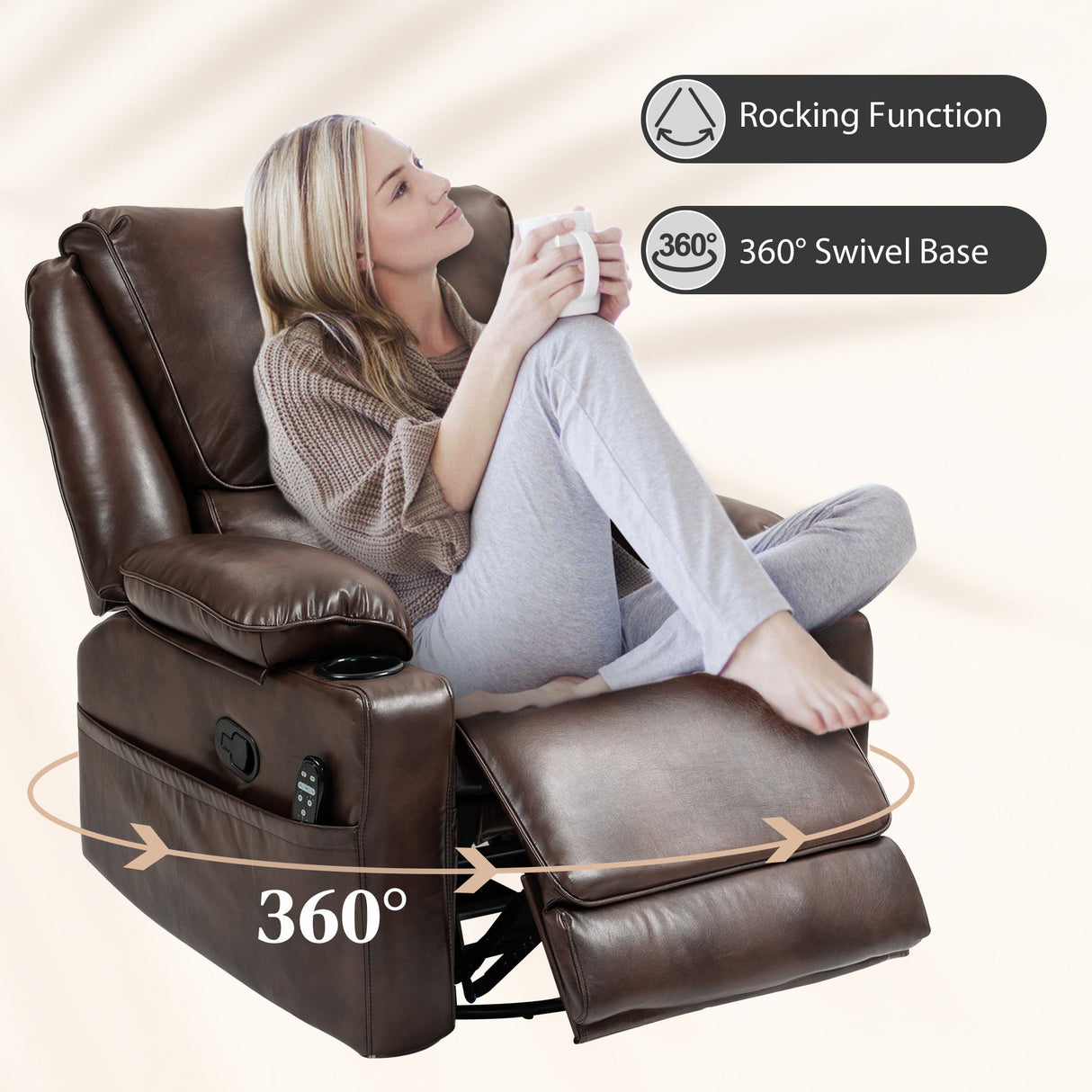 Dark Brown Swivel Rocker Massage Recliner Chair with Cup Holders