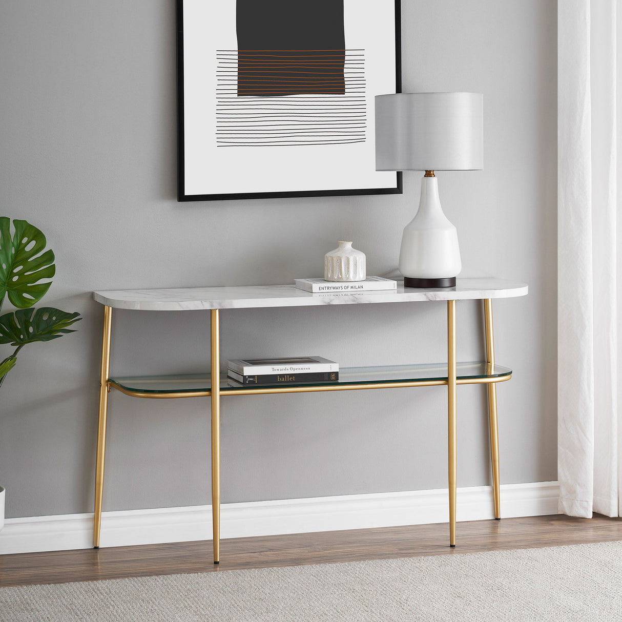 Modern Minimal Curved Faux Marble Entry Table - Gray / Gold by Walker Edison | Bel Furniture